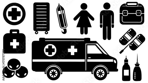 Vector a collection of medical related icons including ambulance first aid kit and male and female figures set in black