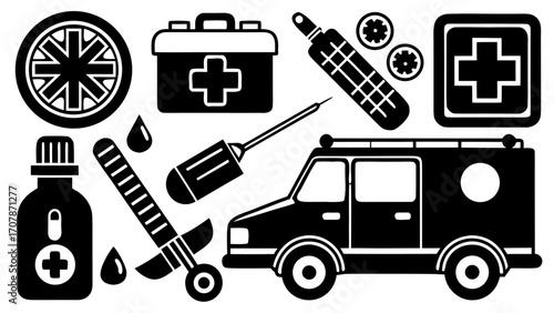 Vector illustration of medical equipment including an ambulance and a first aid kit in black and white