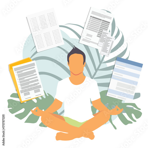 Meditating office worker. Young man meditate sitting in a lotus position surrounded by documents, paperwork and work tasks