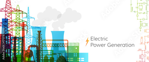 Electric power station. Industrial background with power factory and electrical power lines. 