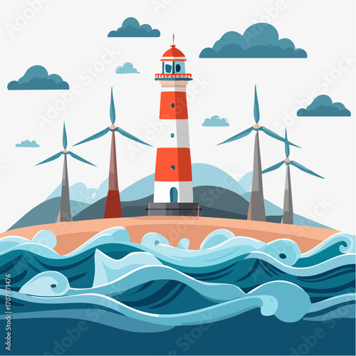 Coastal landscape with a traditional beacon lighthouse and modern wind turbines, symbolizing the fusion of maritime heritage with sustainable energy