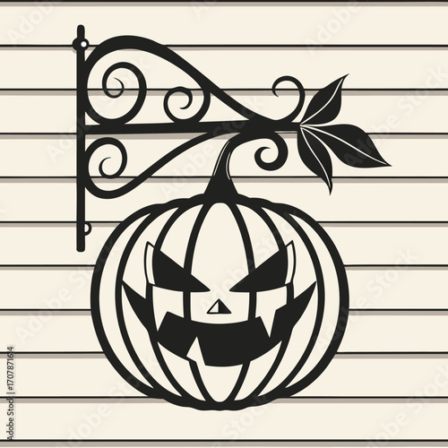 Vector art of black silhouette of a spooky carved pumpkin hanging on a decorative bracket against a striped background