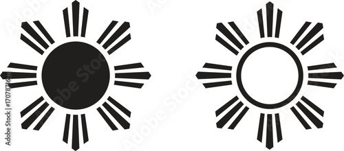  sun icon set, sunshine and solar glow, sunrise or sunset. Decorative circle full and half sun and sunlight.
