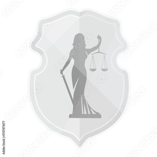 Vector illustration of shield with silhouette of Lady Justice Justitia. Themis holding sword and scales