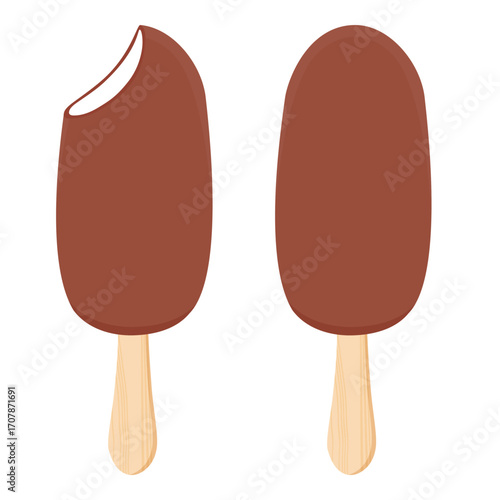 Vanilla ice cream with crunchy chocolate topping on wooden stick isolated on white background. Brown bitten chocolate popsicle eskimo