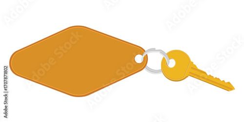 Hotel room or apartment door key with keyring and blank tag