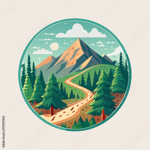 Vibrant Mountain Trail A Scenic Illustration Depicting a Winding Path Through Lush Evergreen Forests and Majestic Peaks, Perfect for Outdoors Enthusiasts