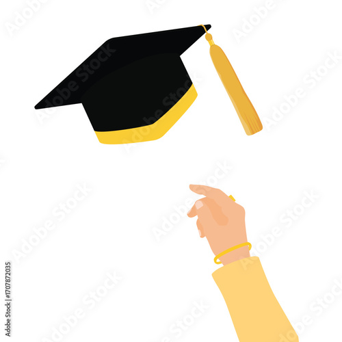 Throwing graduation hat in the air isolated on white background