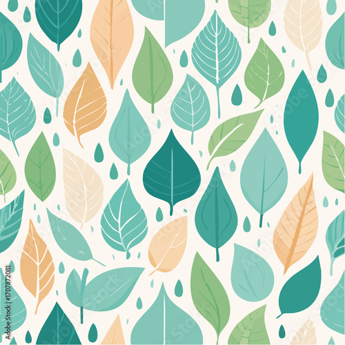 Seamless pattern of assorted green and cream leaves and raindrops, perfect for nature-inspired designs and whimsical backgrounds