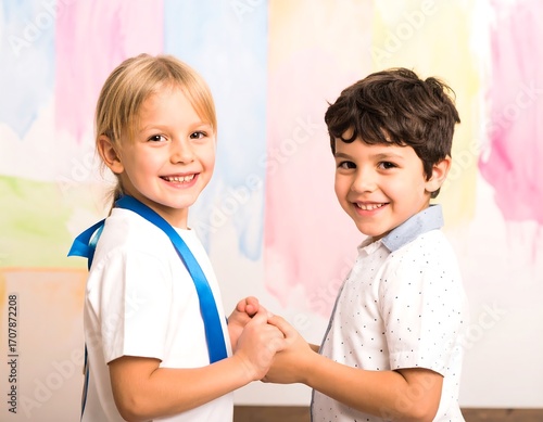 Two children holding hands, smiling