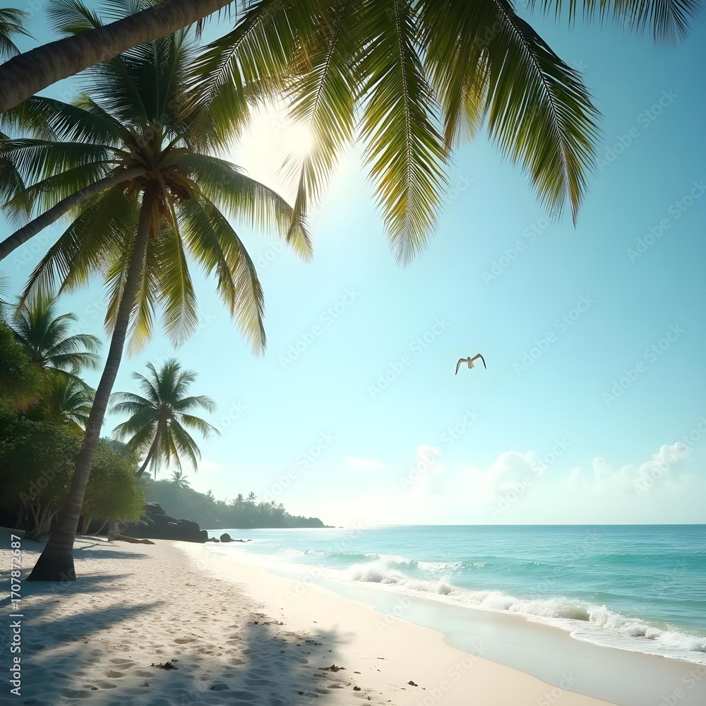 Obraz premium Serene tropical beach scene with palm trees and calm ocean.