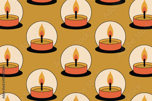 Repeating pattern of lit candles in orange holders with white circles on a mustard yellow background