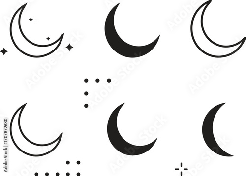 Magic moon set. Vector lunar collection with moons, stars, sunbursts. Graphic elements for astrology, esoteric, tarot, mystic and magic prints, posters, banners, pattern