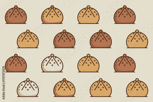 A pattern of cartoon style buns with different shades of brown and white on a light beige background