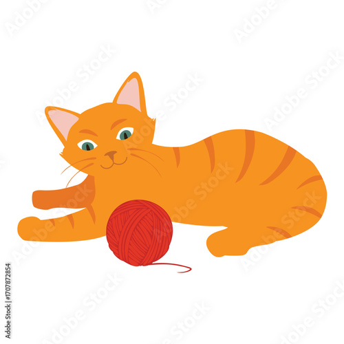 Funny and playful ginger kitten playing with yarn ball