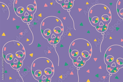 A pattern of skull balloons and confetti on a purple background, festive and slightly spooky design