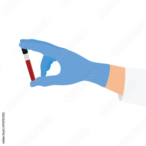 Hand in blue medical glove holding red blood test tube. Laboratory sample, safety and diagnostic concept