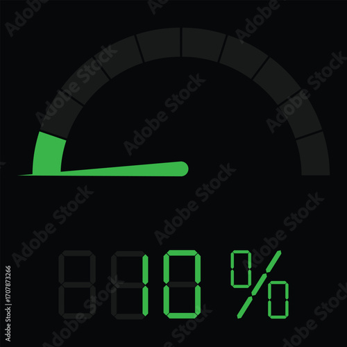 Speedometer gauge meter icon showing 10% for infographic use. Speed indicator, performance level, risk gauge and score progress scale.