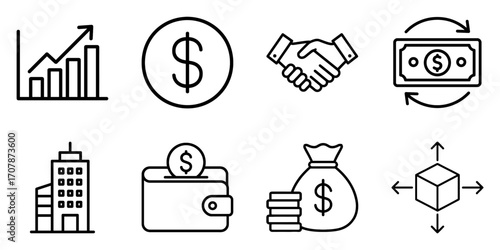 Business and finance line icons set with growth chart, dollar, handshake, wallet, money bag, cash flow, and corporate symbols