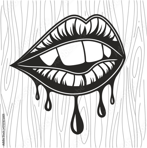 Vector art of black and white illustration of a womans lips biting down with dripping liquid on a wood grain background