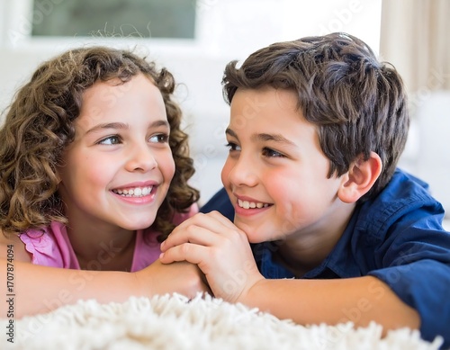 Two children lying on a rug, smiling and looking at each other