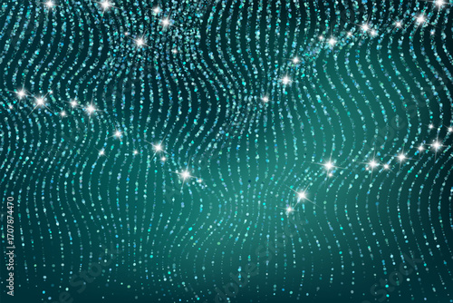 Aqua blue glitter shimmer curves vector background. Tealshimmering sequins and sparkles create a festive background. Abstract design features glitter waves for celebration, magic, holiday confetti.