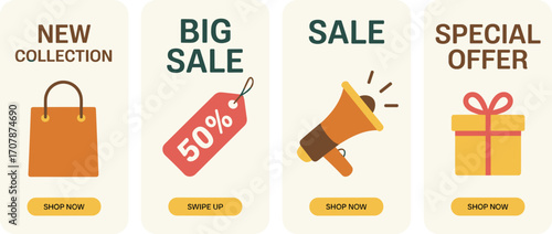 E-commerce promotional banners – new collection, big sale, discount offer, shop now icons