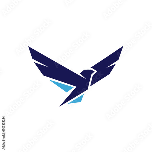 A stylized dark blue and light blue abstract falcon or bird logo with wings spread wide against a white background.