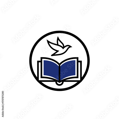Logo of an open book with a bird taking flight above it, encircled.