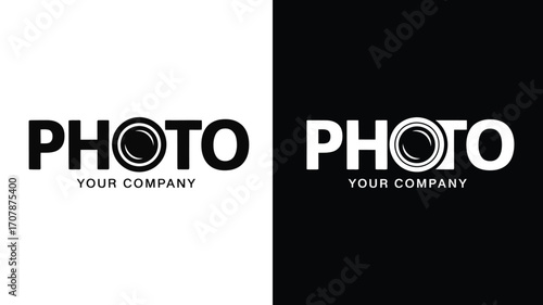 Modern photography logo with camera lens typography for branding, business identity, and media-related design projects