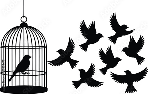 Birdcage with one bird inside and eight flying free vector symbolizing personal freedom, escape, and emotional release