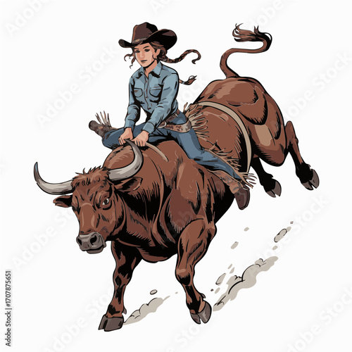 Bull riding scene illustrated with authentic cowgirl energy styled for realism vector