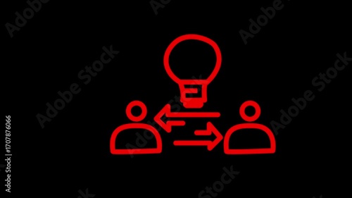  a glowing neon icon, likely representing idea generation, collaboration, or brainstorming. It features a light bul, a symbol of ideas, and two stylised figures connected by an arrow, suggesting the 