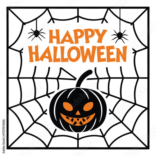 Vector art of happy halloween text with jackolantern and spider web