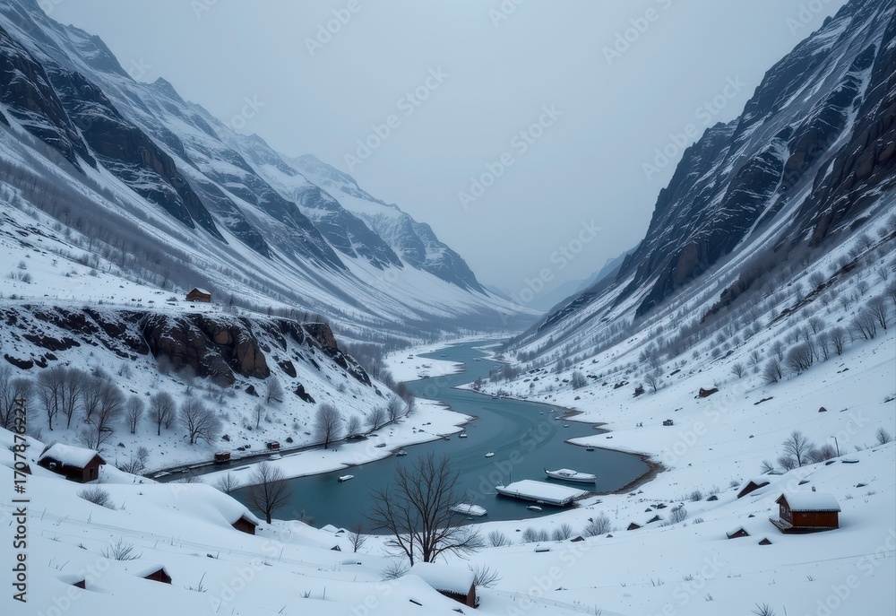 Obraz premium snowflake patterns are destroyed as a blizzard sweeps through icy plains while ice accumulates in unpredictable ways across mountains and rivers.