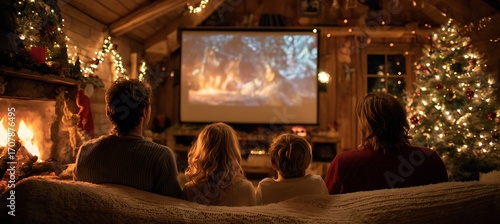 Family enjoys watching a christmas movie together in a cozy living room decorated for the holidays with a fireplace