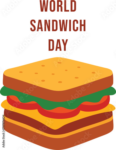 Colorful illustration of a delicious sandwich with lettuce, tomato, and onions on toasted bread, celebrating World Sandwich Day on a white background.