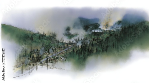 Enchanting Forest Landscape with Mist and Trees, Capturing a Serene View of Nature's Beauty in a Dreamlike Atmosphere