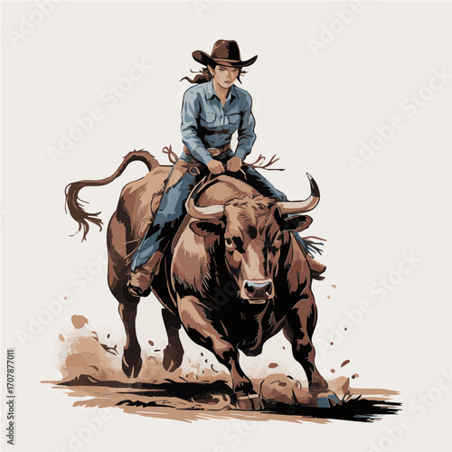 Strong cowgirl depicted in rodeo action bull ride scene drawn realistic