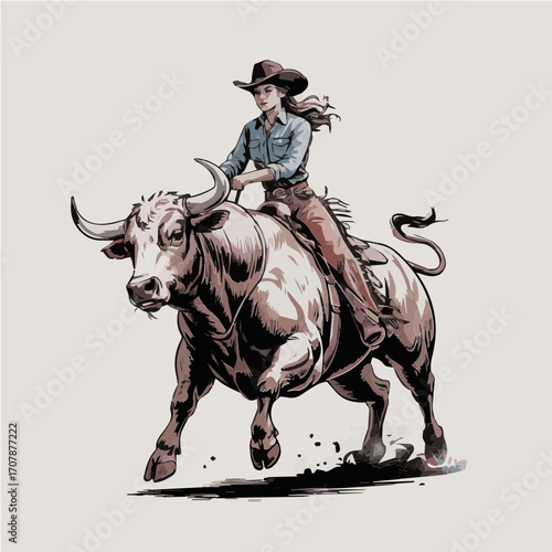 Detailed cowgirl artwork showing a bull ride with authentic rodeo energy