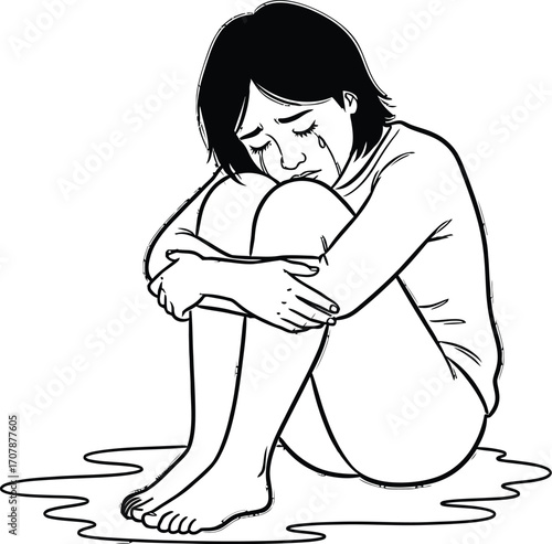 A young person cries, curled up in a fetal position, surrounded by puddles of water.