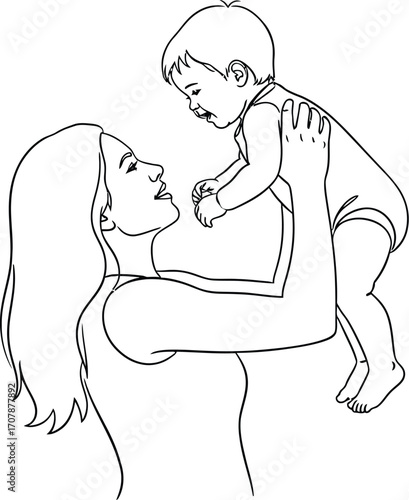 Loving mother joyfully holding her happy baby up in the air