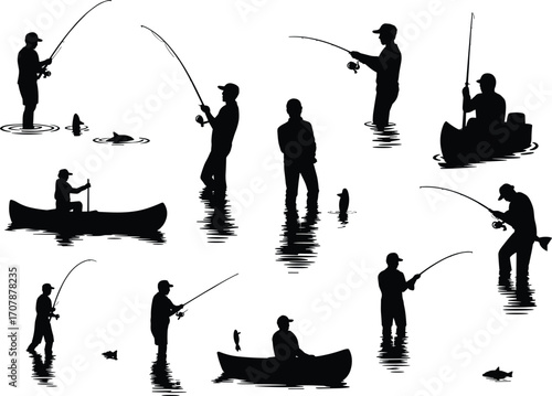 Fishing Silhouette Vector Set – Black and White Anglers, Fishermen in Canoes, Casting Rods, Catching Fish, Outdoor Water Sports Clipart for Graphic Design, Logos, Posters, and Digital Art