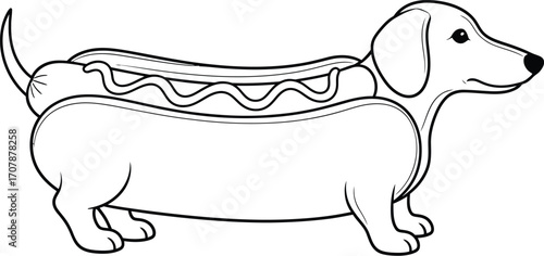Playful dachshund dressed as a hot dog with mustard, a fun and whimsical food illustration