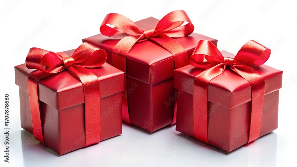 Obraz premium Three red gift boxes with ribbons isolated on white background