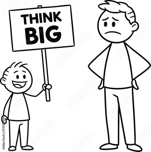 Enthusiastic child holding 'THINK BIG' sign next to a worried adult, illustrating contrasting perspectives.