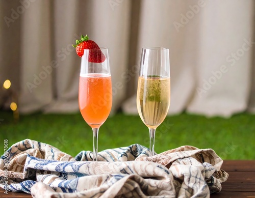 Two cocktails, one strawberry, on a table