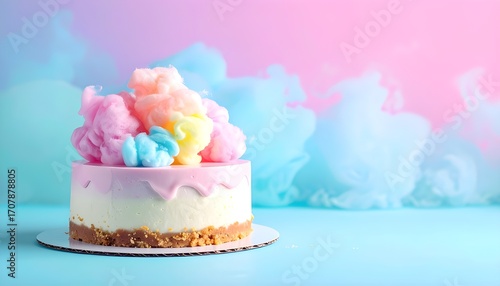 Whimsical Cheesecake with Pastel Rainbow Cotton Candy Cloud