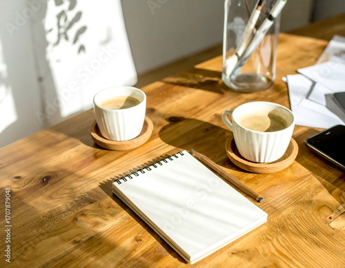 Two coffee cups, notepad, and stationery on a wooden table