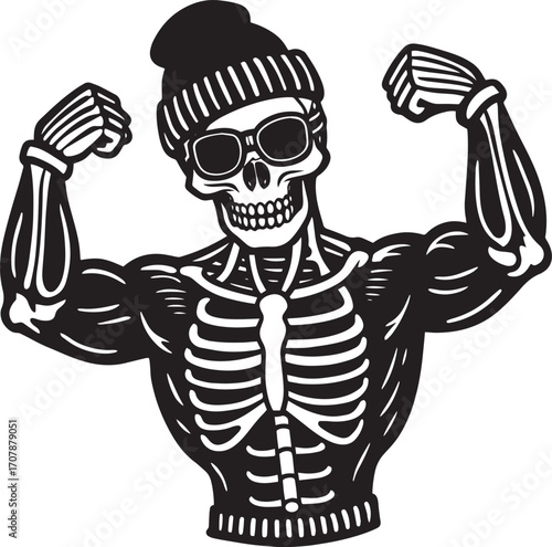 Skeleton flexing muscles wearing beanie and sunglasses vector illustration	